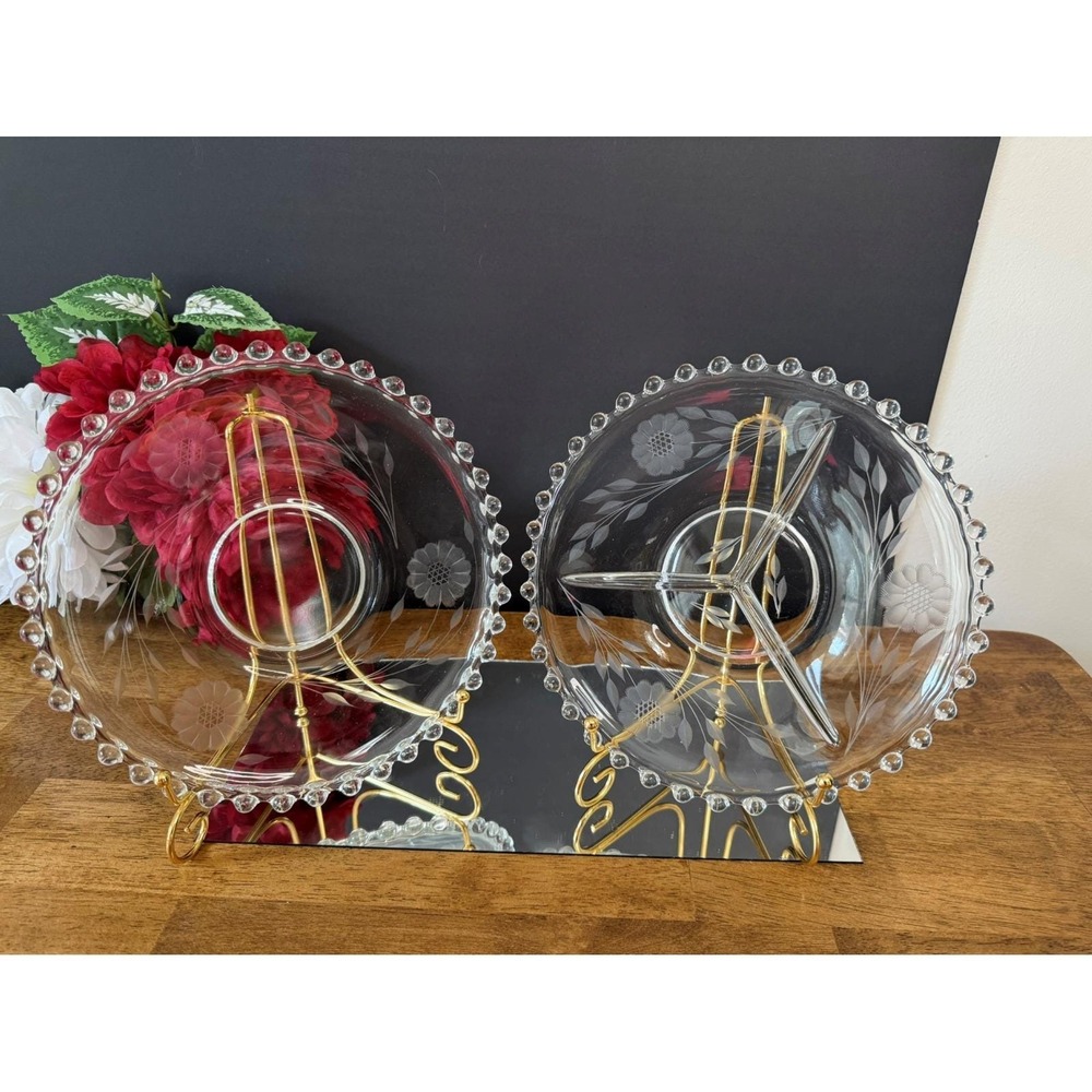 Vintage Candlewick Etched Glass Platter and‎ Divided Tray W J Hughes Cornflower